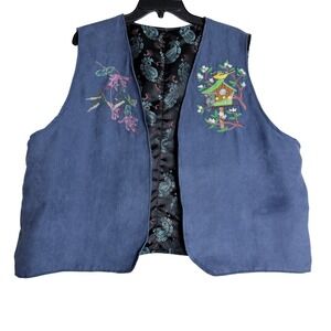 Womens Blue Suede Embroidered Birdhouse Vest Reversible Paisley Lined Granny